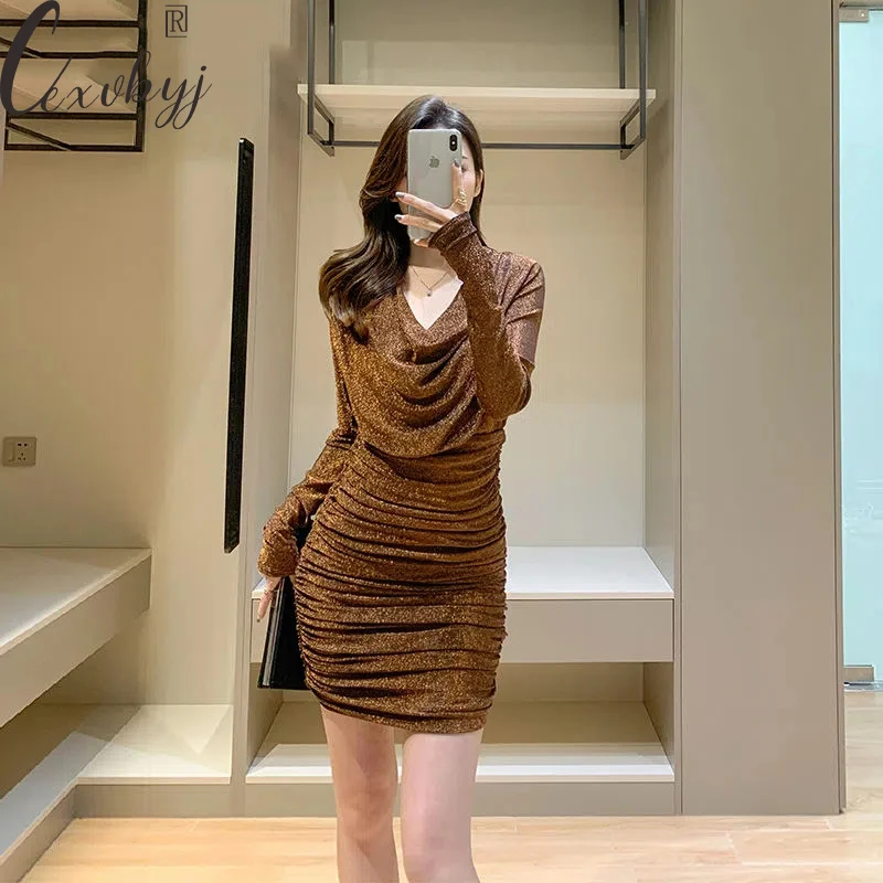 

Women Sexy Pleated Mini Dress Slim Female Fall Winter Pile Collar Bodycon Dress 2022 New Bright Slik Long Sleeve Party Dress