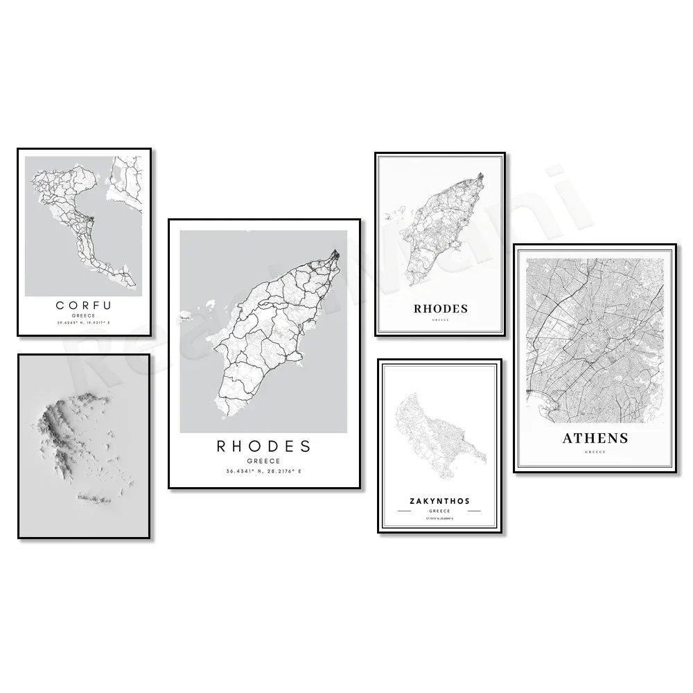 Greece Map Athens Zakynthos Corfu Rhodes Poster City Street Route Print