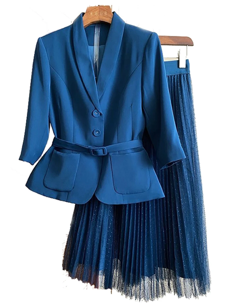 

Spring 2 Piece Ruffles Skirt Suit Long Sleeve Jacket Blazer+ Elastic Waist Tulle Skirt Knee Lengt Tulle A Line Pleated Skirt