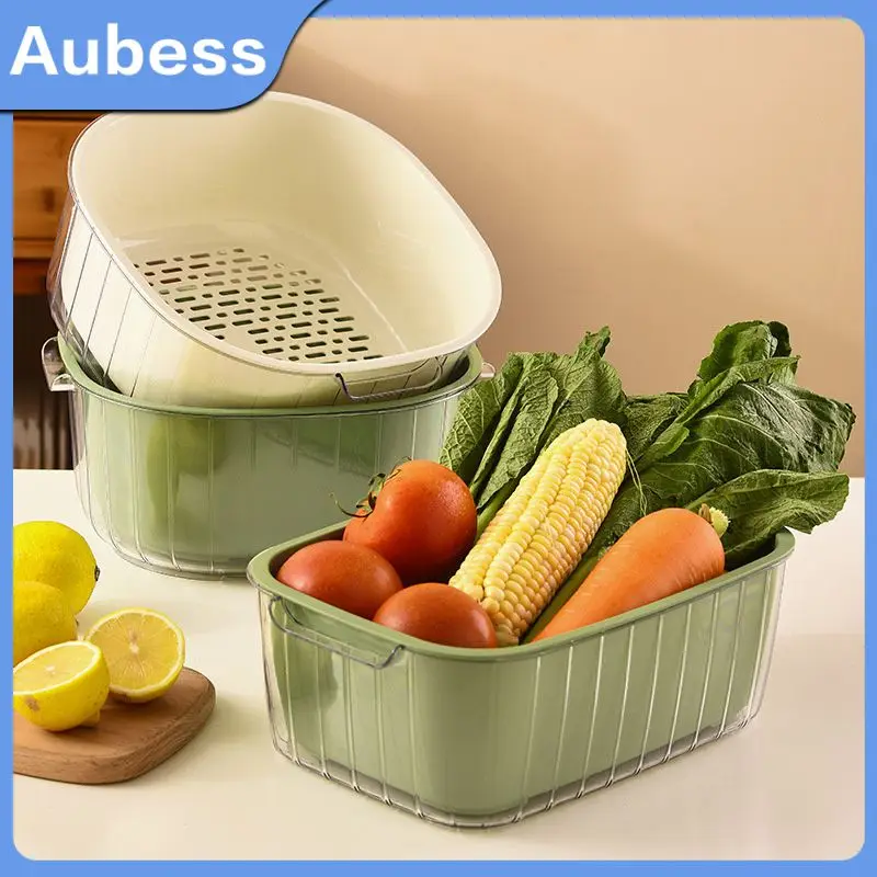 

Square Draining Basket Transparent Binaural Handle Fruit Basket. Double-layer Home Storage Plastic Pet Basket Kitchen Supplies