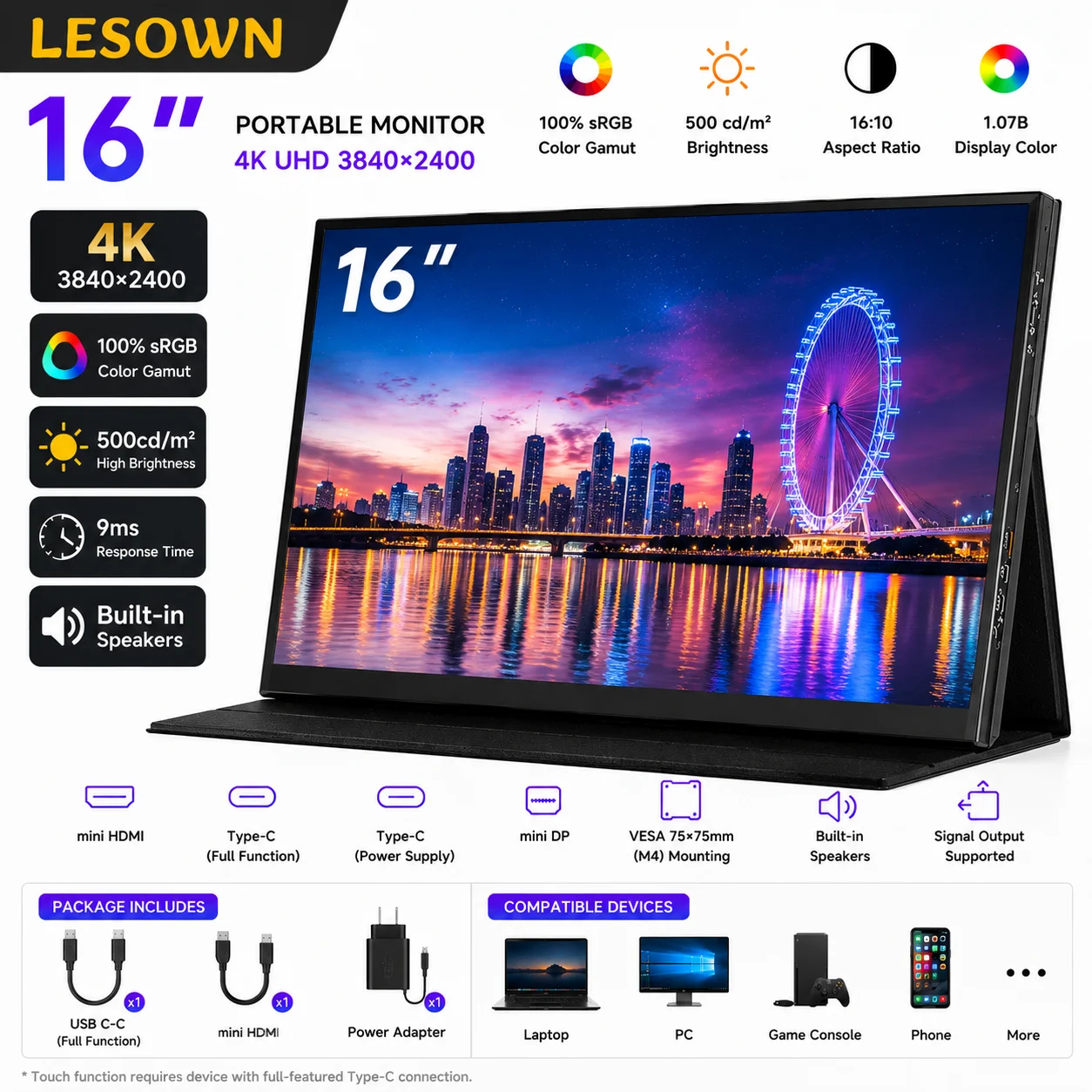 Фото Монитор LESOWN 16 дюймов 4K UHD для видеомонтажа, 100% sRGB, 60 Гц, дополнительный дисплей для Premiere Pro, цветокоррекции и ПК №1