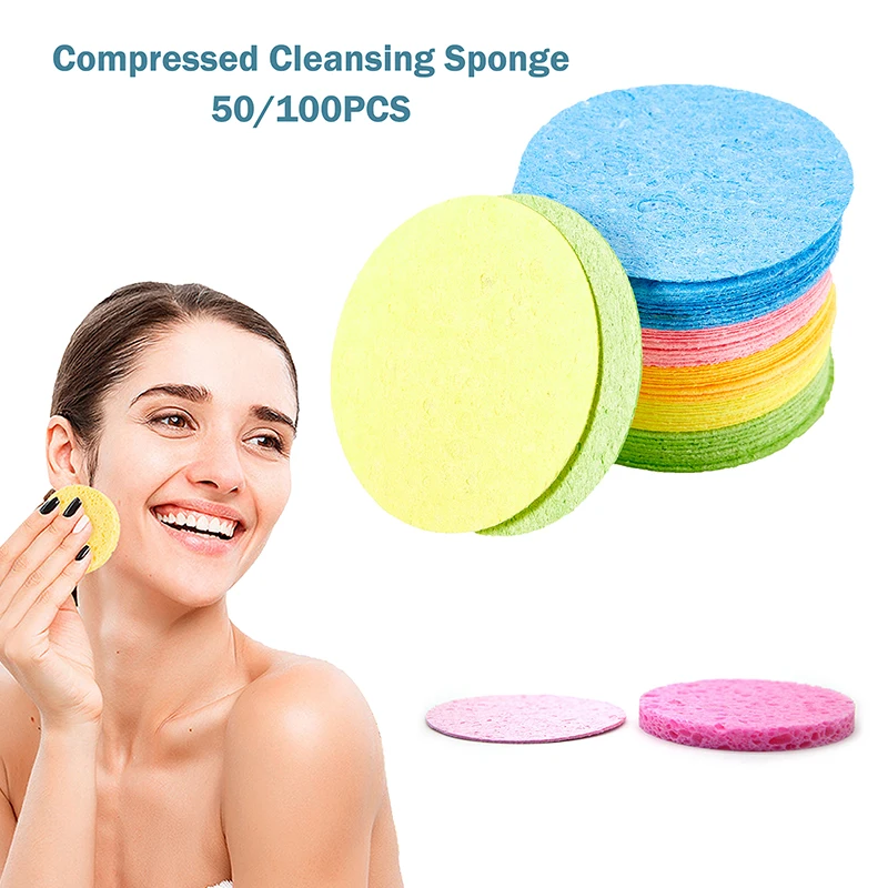 

50/100PCS Wholesale Compressed Natural Cellulose Facial Cleansing Sponge Wood pulp sponge Random Color