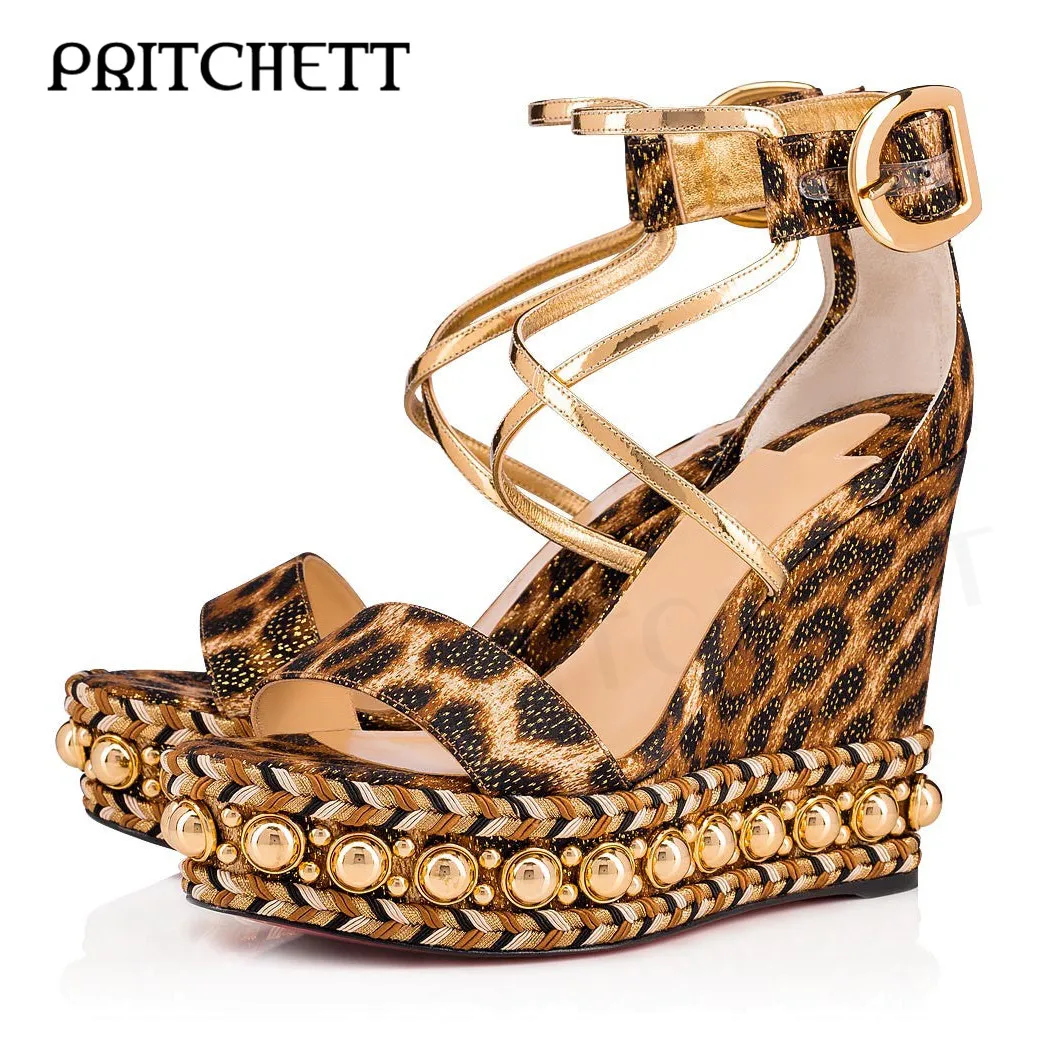 Luxury Leopard Print Wedge Platform Sandals Gold Pearl Metal Buckle One Word Strap Sandals Cross Thin Strap Fashion Women's Shoe