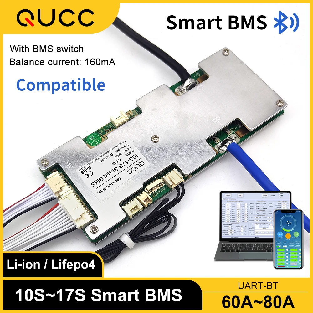 Qucc 60A 80A 10S 12S 13S 14S 15S 16S 17S Smart BMS 36V 48V 60V Lithium Battery Balance Module With Switch Bluetooth APP Uart NTC