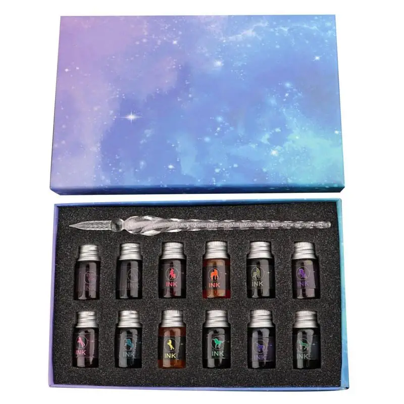 

Glass Dip Pen Set Crystal Starry Sky Calligraphy Dip Pen Glitter Powder Fountain Pens 12-Color Inks Writing Pencil Gift Box