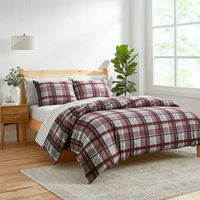 

3-Piece Heathered Plaid Flannel Organic Cotton Comforter Set, Grey/Berry, Full/Queen