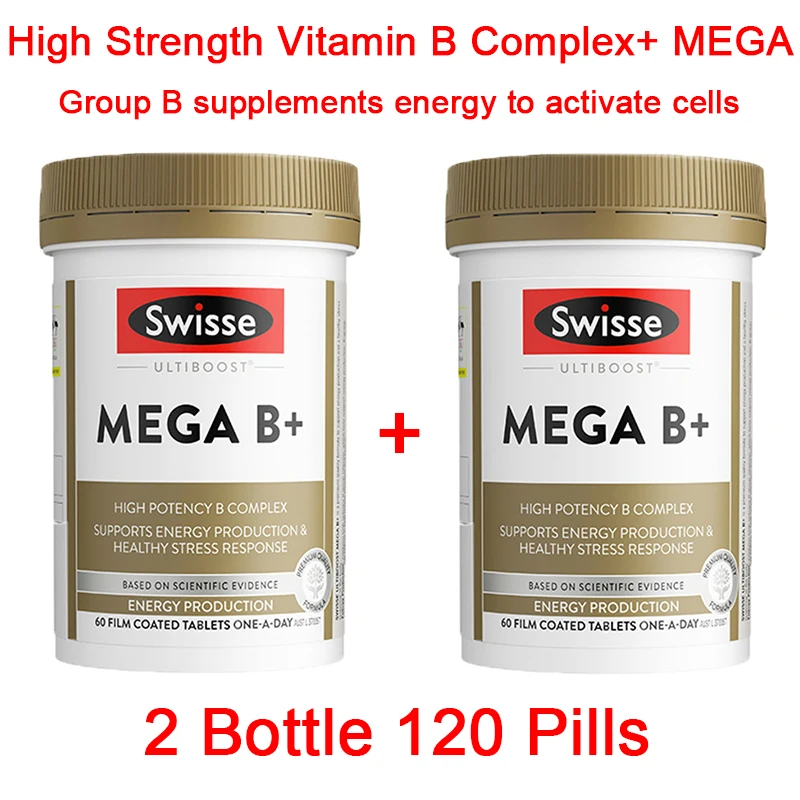 

2 Bottle 120 Pills High Strength B Complex Vitamin B+ Tablets MEGA B Group Supplement Energy Activates Cells