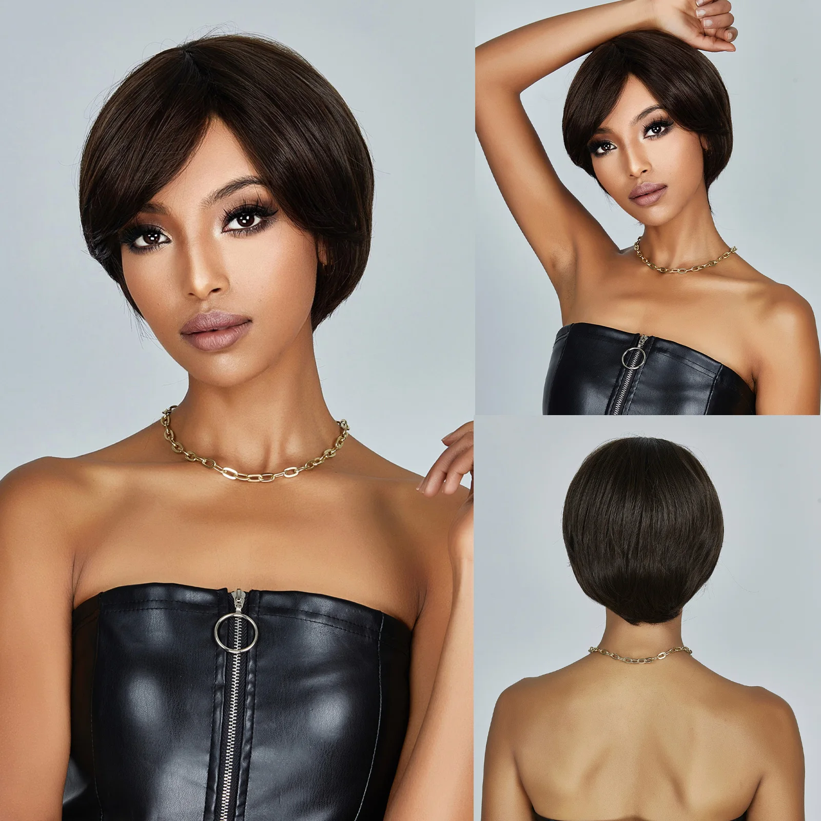 

Dark Brown Short Pixie Cut Synthetic Wigs with Bangs Natural Straight Layered Wig for Women Daily Party Heat Resistant Hair