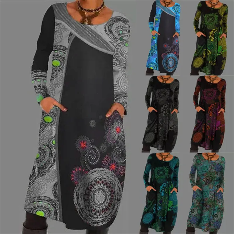 

New 2021 Fashion Autumn Winter Long Sleeve Loose Dress Women Casual Clothes O-Neck Print Pocket Ladies Dresses Robe