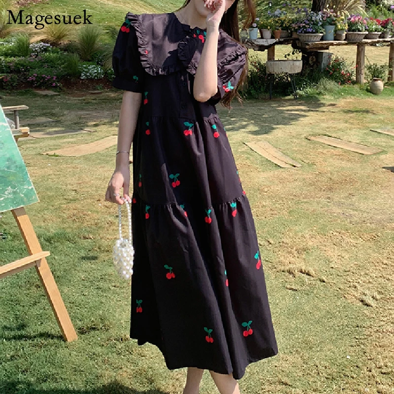 

Fashion 2022 Loose Casual Dress Sweet Cherry Dress Women Summer Slim Peter-Pan Collar Lace Long Dresses for Women M-4XL 21313