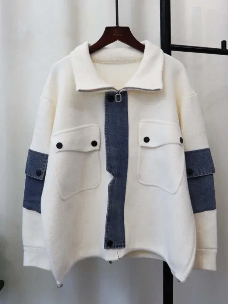 Осень-зима 2024 модный новый вязаный двухсторонний кардиган из денима на молнии