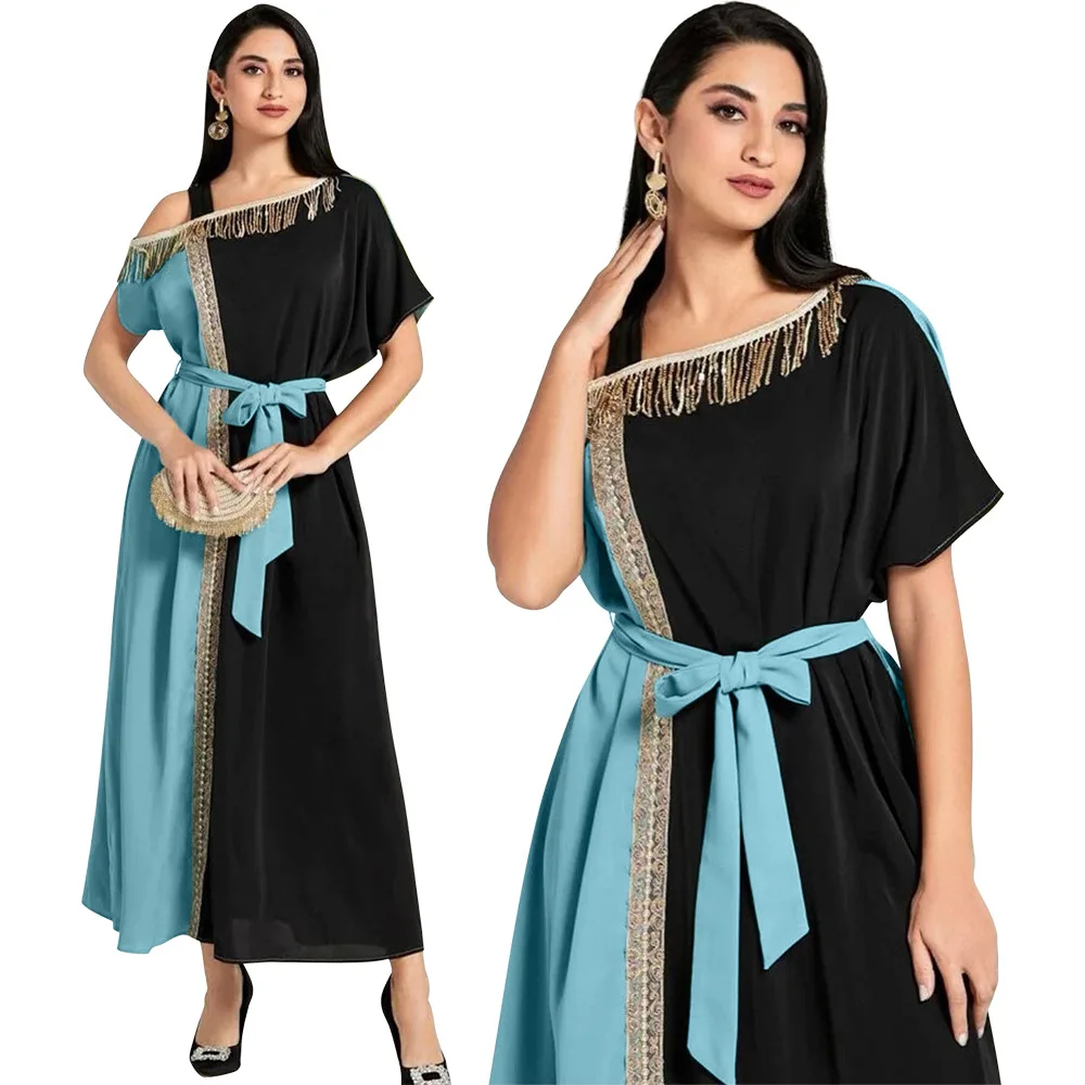 

Eid Mubarak Abaya мусульманская мода женское арабское Платье макси с блестками и бахромой с вышивкой Турция Дубай вечерние Jalabiya платье платья Марокко
