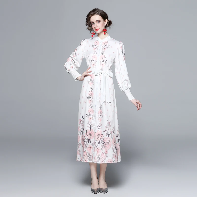 

Spring Big Shirt Dresses Single-Breasted Round Neck Sashes Long Sleeve Dresses Floral Print Dyeing Fresh Simple Lace Long Dress