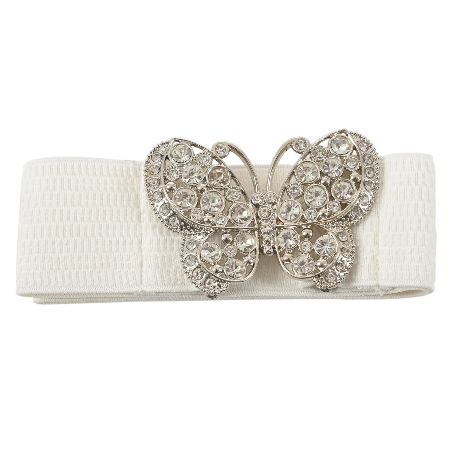 

Women Rhinestones Accent Butterfly Hook Buckle Elastic Cinch Waist Belt White