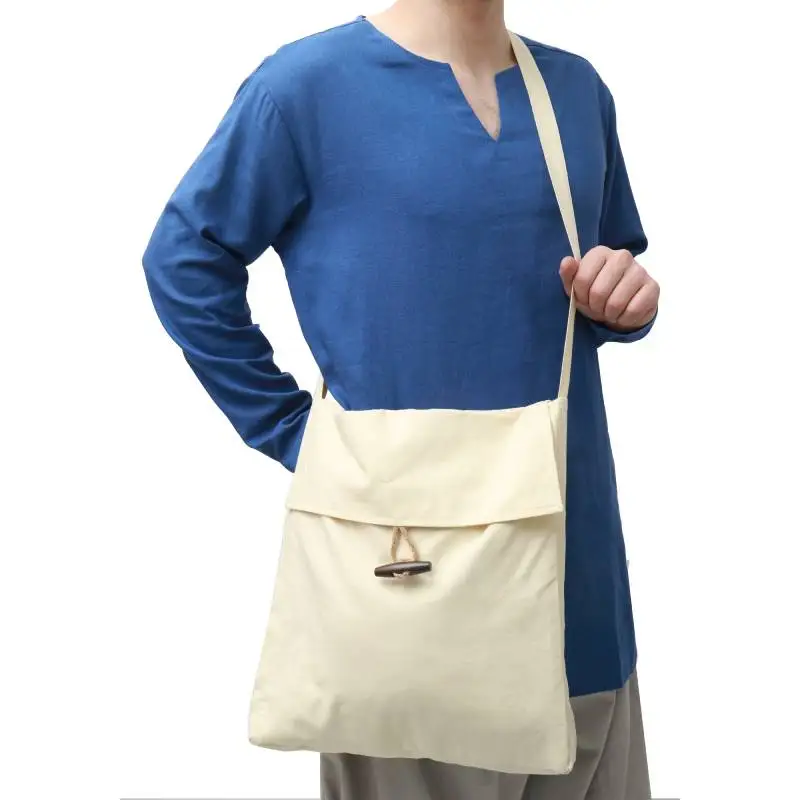 

Medieval Linen Shoulder Bag Large Capacity Viking Canvas Medieval Large Pilgrim Pouch Bag with Horn Button School Messenger Bags