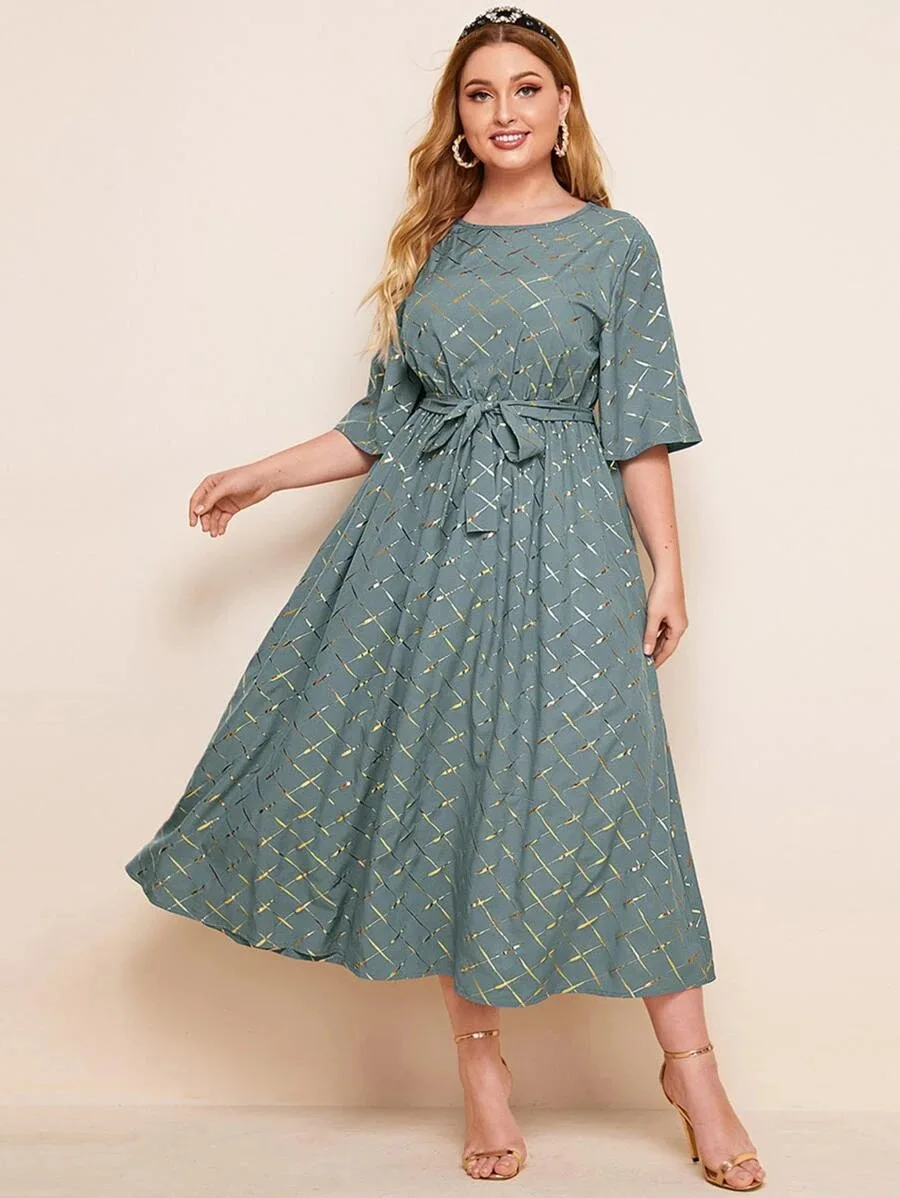 

4XL loose oversized clothes Summer 1/2 sleeve o-neck printed A-line swing long maxi dresses with sashes ladies casual vestido