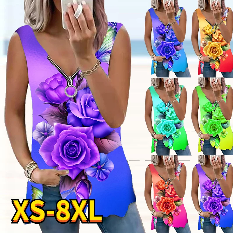 

2022 Women Summer Tank Tops Loose Zipper Sleeveless Floral Print Vest Flower Sexy Streetwear Fashion Plus Size Basic Pullover