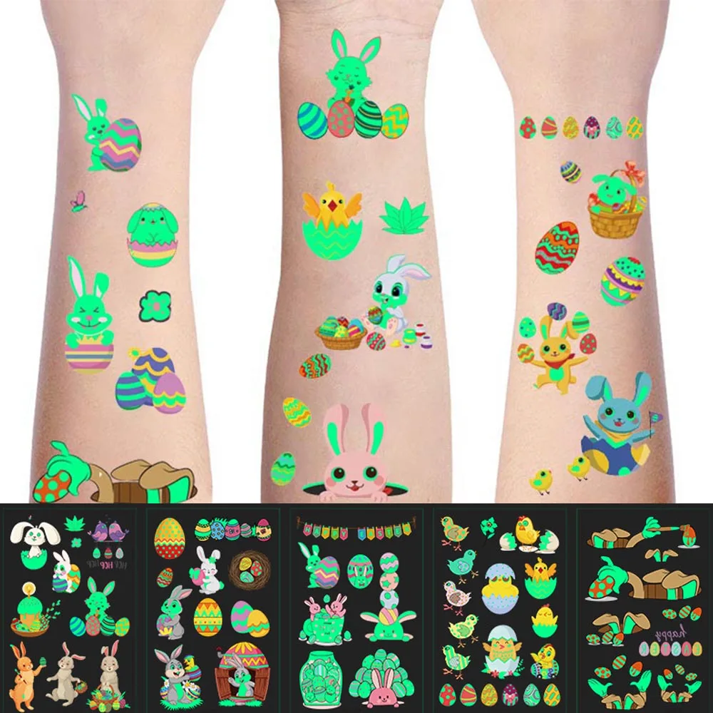 

1Sheets Easter Luminous Tattoo Fluorescent Stickers Glow in the Dark Temporary Tattoos for Kids Easter Bunny Eggs Chick Pattern