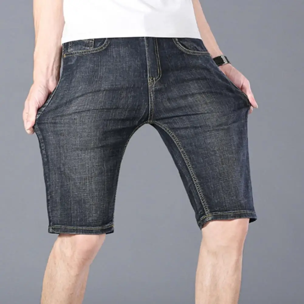 

Short Pants Stylish Zipper Fly Knee Length Denim Pants Mid-rise Stretchy Short Jeans