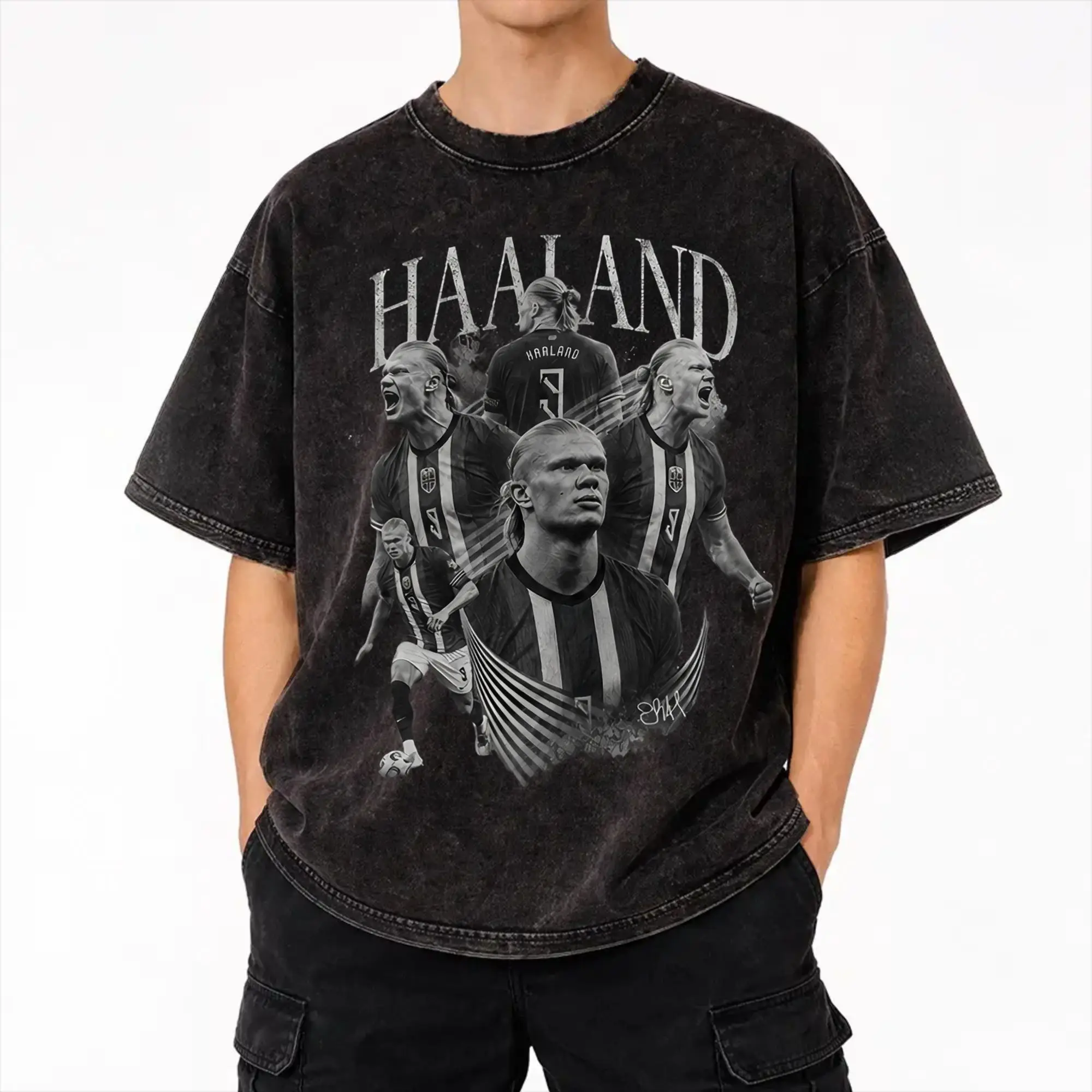 Фото Футболки Haaland Norway Soccer Merch с эффектом потертости для мужчин и женщин, уличная одежда, хип-хоп футболки, футболки с графическим принтом, топы из 100% хлопка №1