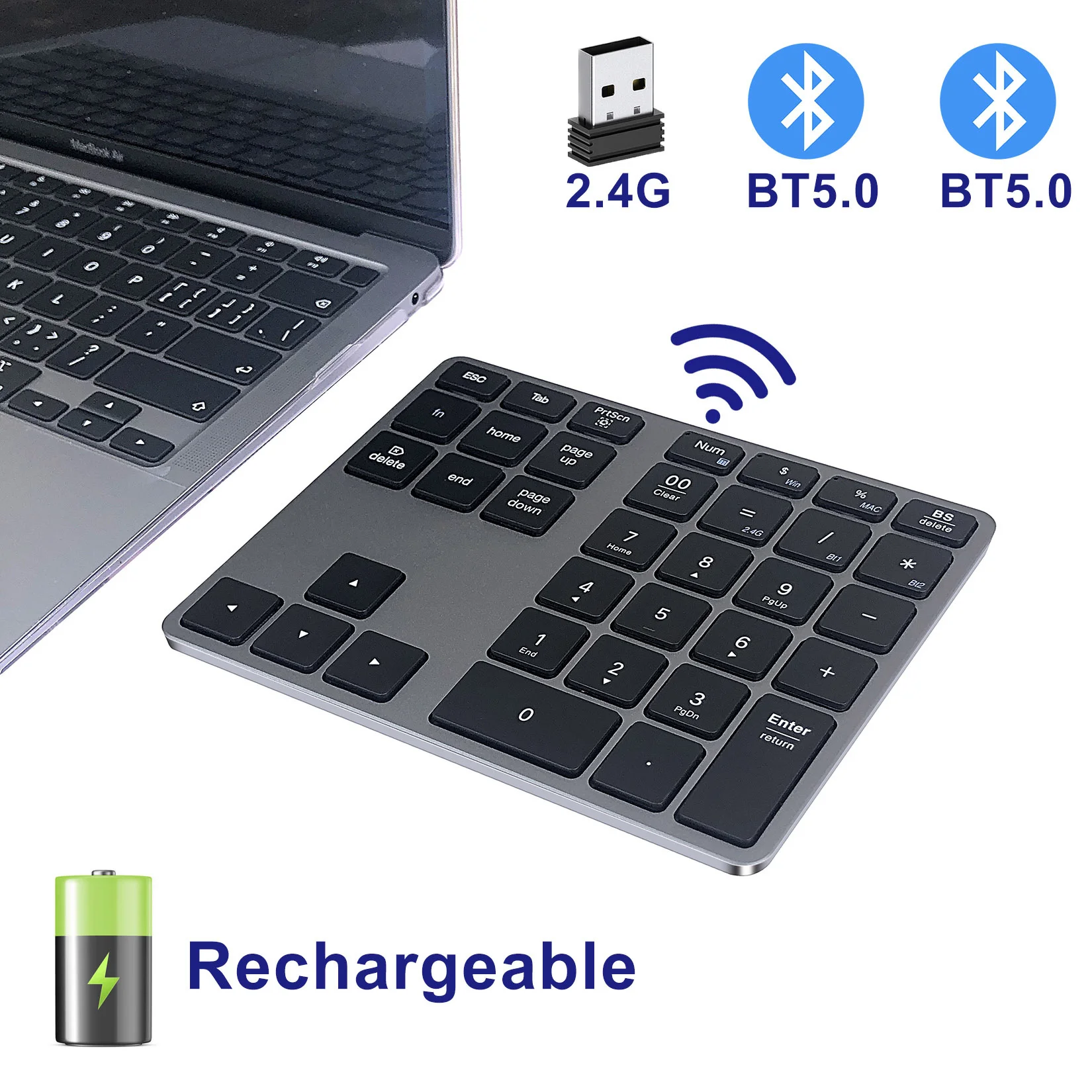 Bluetooth Numeric Keypad Aluminum Rechargeable Wireless Number Pad Slim 35 Keys USB+BT5.0 Numpad Keyboard for Mac,Macbook,Laptop