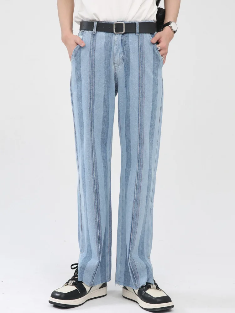 

SYUHGFA Men's Wear 2022 Spring Autumn Striped Slit Korean Streetwear Fashion Straight Jeans Casual Loose Denim Trousers