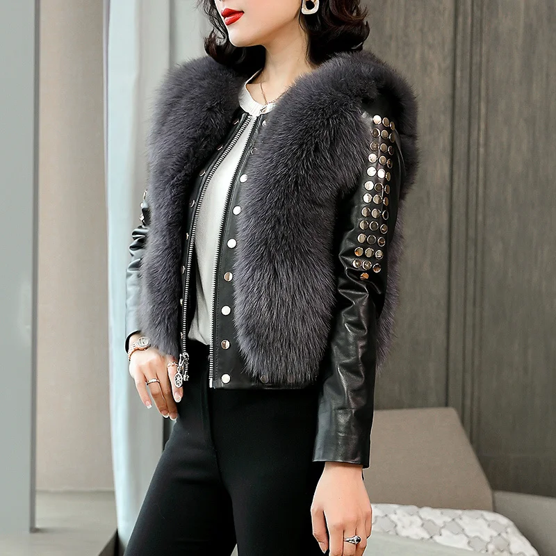 

2023 Genuine Leather Jacket Real Fox Fur Coat Winter Jacket Women 100% Real Sheepskin Coat Female Bomber Jackets MY3751