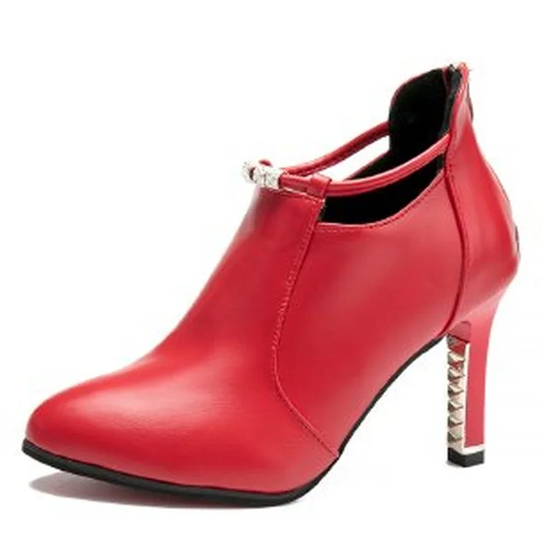 

Женские ботинки с острым носком, красные ботильоны из искусственной кожи на тонком каблуке, на молнии, новинка зимы 2021