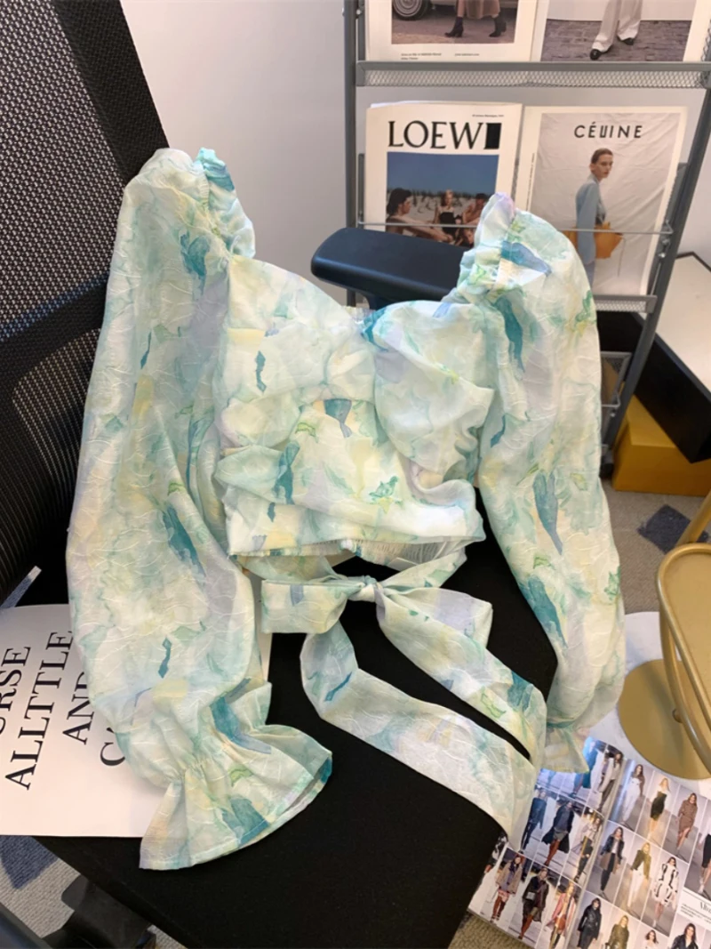 Блузка женская шифоновая с цветочным принтом квадратным вырезом и Расклешенным