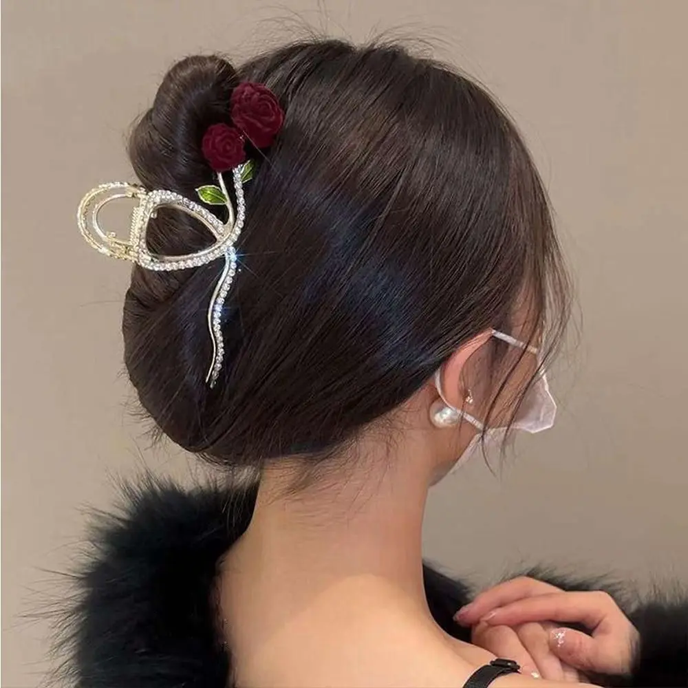 

Rhinestone Retro Alloy Red Rose Flower Headdress Hair Grip Clip Korean Style Hair Clip Women Shark Clip Girl Hair Claw