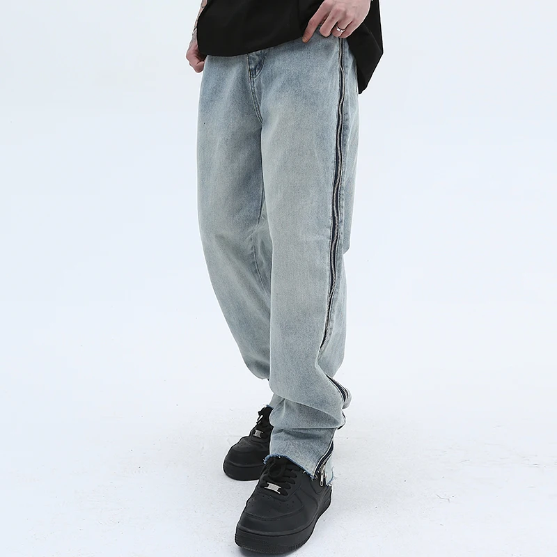 Harajuku Retro Side Long Zipper Washed Mens Denim Trousers Straight Casual Hip Hop Loose Jeans Vibe Style Streetwear Jean Pants