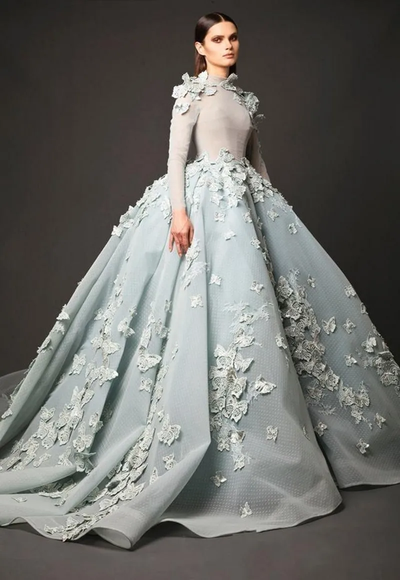 

High Neck Eevning Prom Dresses Elie Saab 2023 Appliques Flowers Arabic Long Sleeves Vintage Red Carpet Celebrity Party Gown