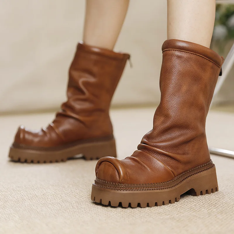 

Birkuir Pleated Thick Heel Long Boots For Women Genuine Leather Platform Wedges Shoes Luxury Mid Calf Boots Back Zip Ladies Boot