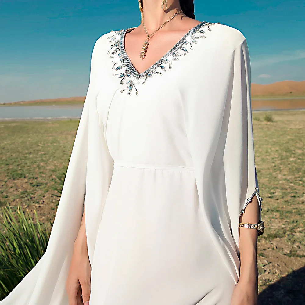 Caftan White Abaya Muslim Dress with Cape Luxury Dubai Dresses for Women Islam Modest Clothes Jalabiya Kaftan Robe Arabe Femme