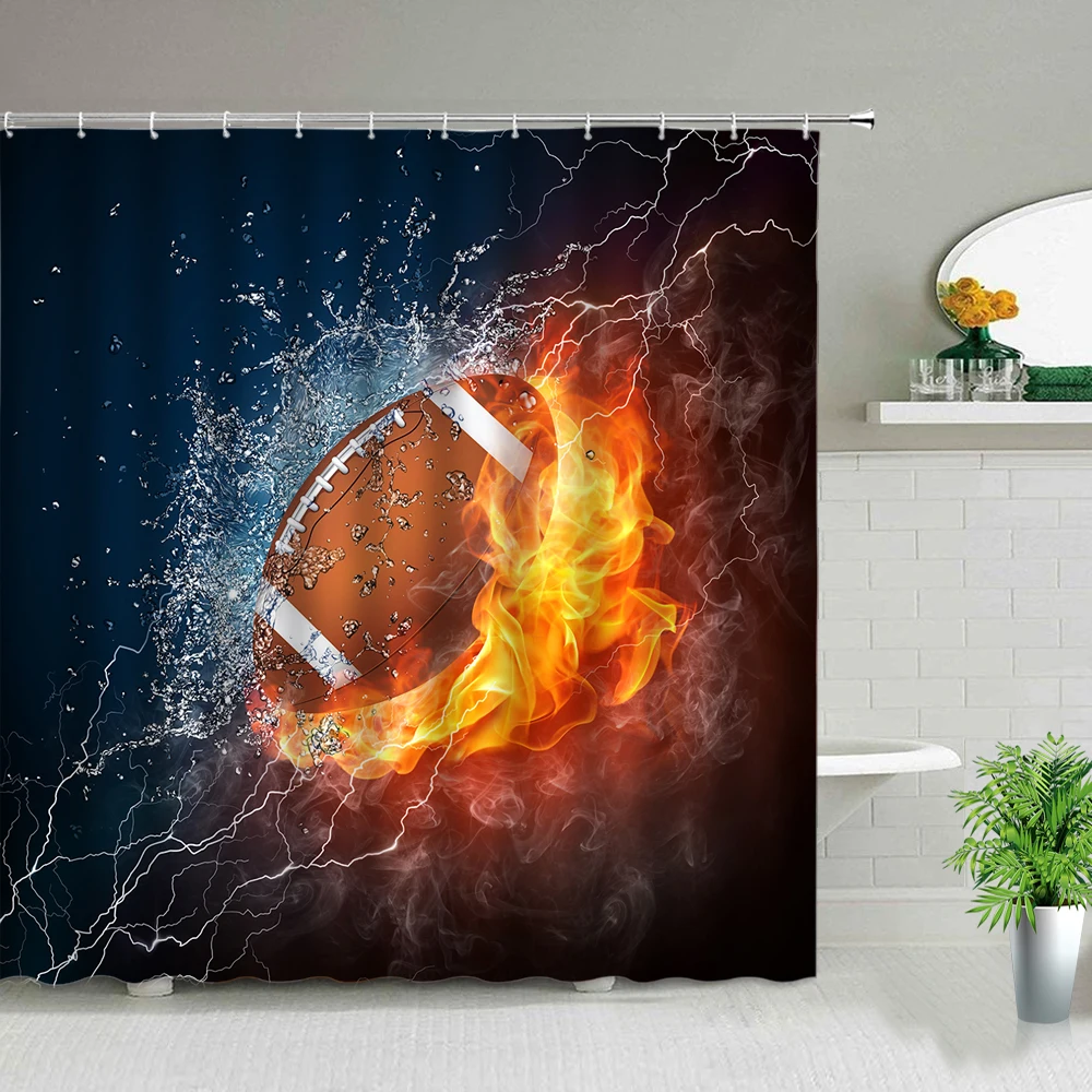 

Flame Basketball Shower Curtain Unique Football Sports Theme Bath Curtains Waterproof Polyester Bathroom with Hooks Home Decor