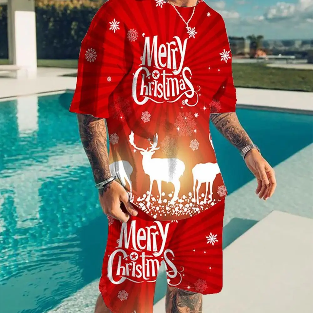 

2023 Men's Short Sleeve Suit 3d Christmas Style Santa Lie Algebra Printed O-neck T-shirt Beach Shorts Two-piece Fashion Clothing