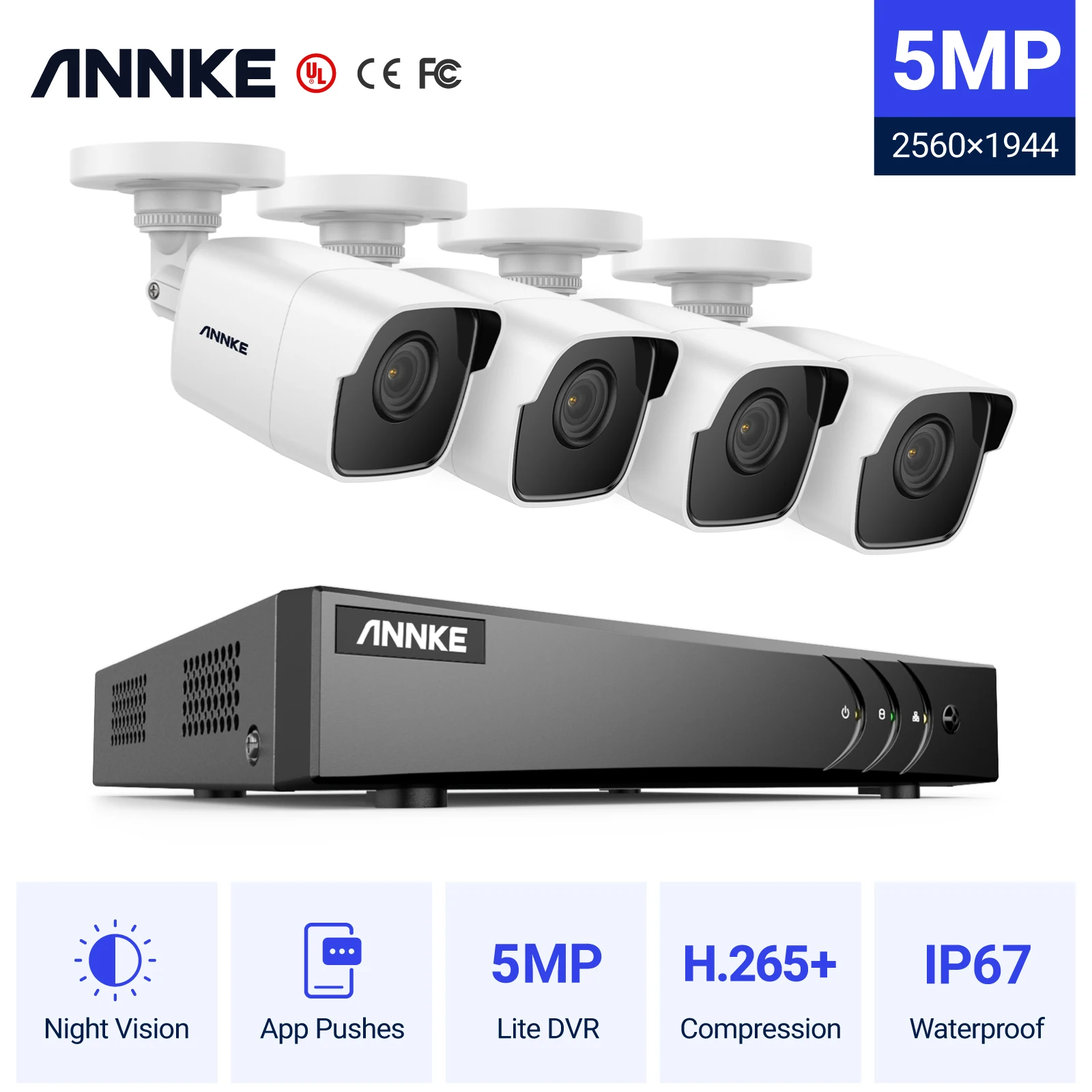 System 5in1 H.265+ Dvr With 4pcs 5mp Bullet Weatherproof Security Cameras Cctv Kit
