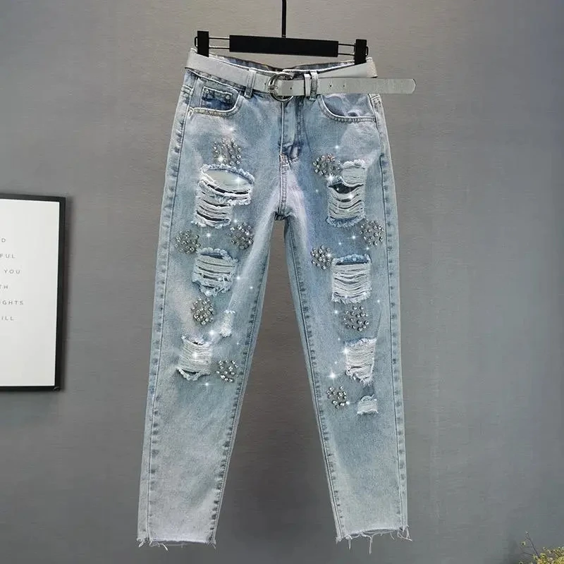 Женская одежда прямые джинсы корейская мода лето 2022 алмазные свободные рваные