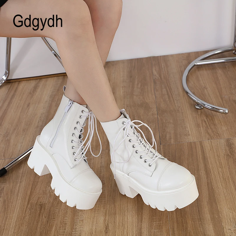 

Gdgydh Platform Heeled Boots White Cross-tied Trendy Shoes Women Heels Round Toe Ankle Booties Comfort College Student Shoes