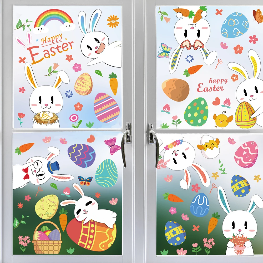 

New 9pcs Easter Sticker Cartoon Dwarf Egg Window Double-sided Static Glass Sticker Fridge Magnet Happy Easter Home Decorations