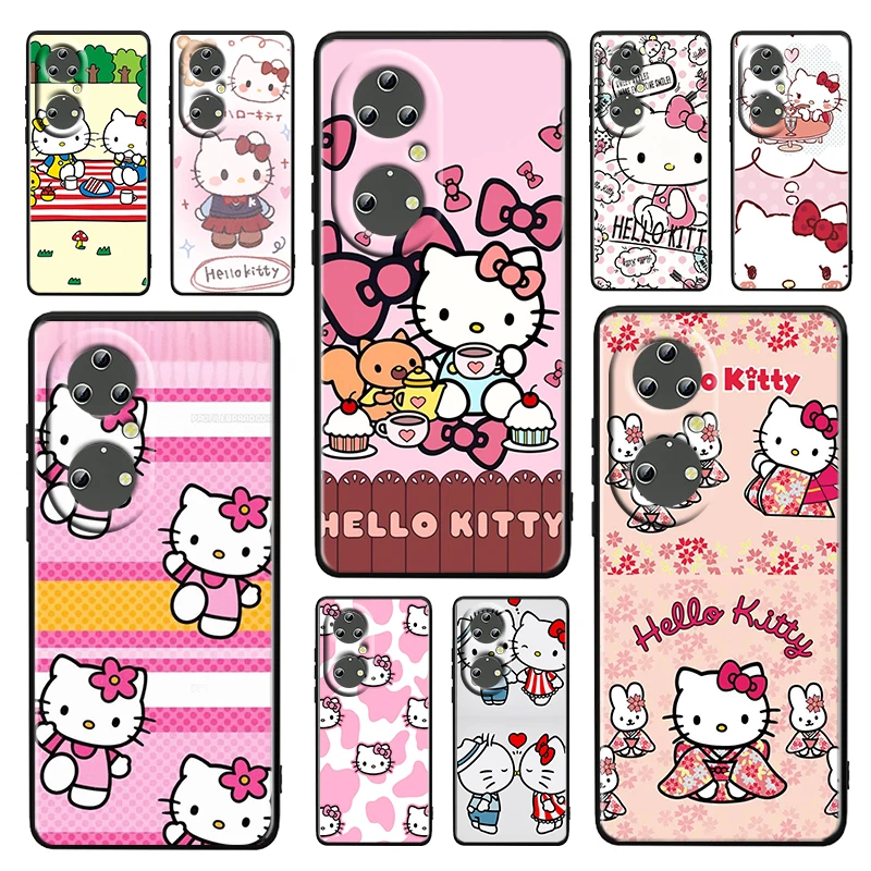 

Cat Cartoon Hello Kitty For Huawei P50 P20 P30 P40 5G P10 Pro Lite E Plus P9 Lite Mini Soft Silicone Black phone Case Cover Capa