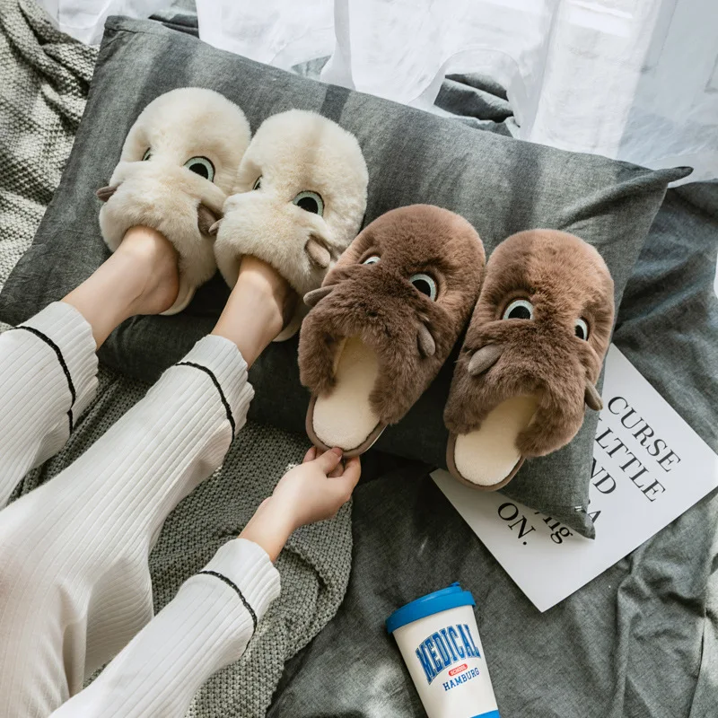 Autumn And Winter Warm Slippers Indoor Animal Cute Plush Home Slippers Couple Shoes Fleece Flat Shoes Confinement Shoes