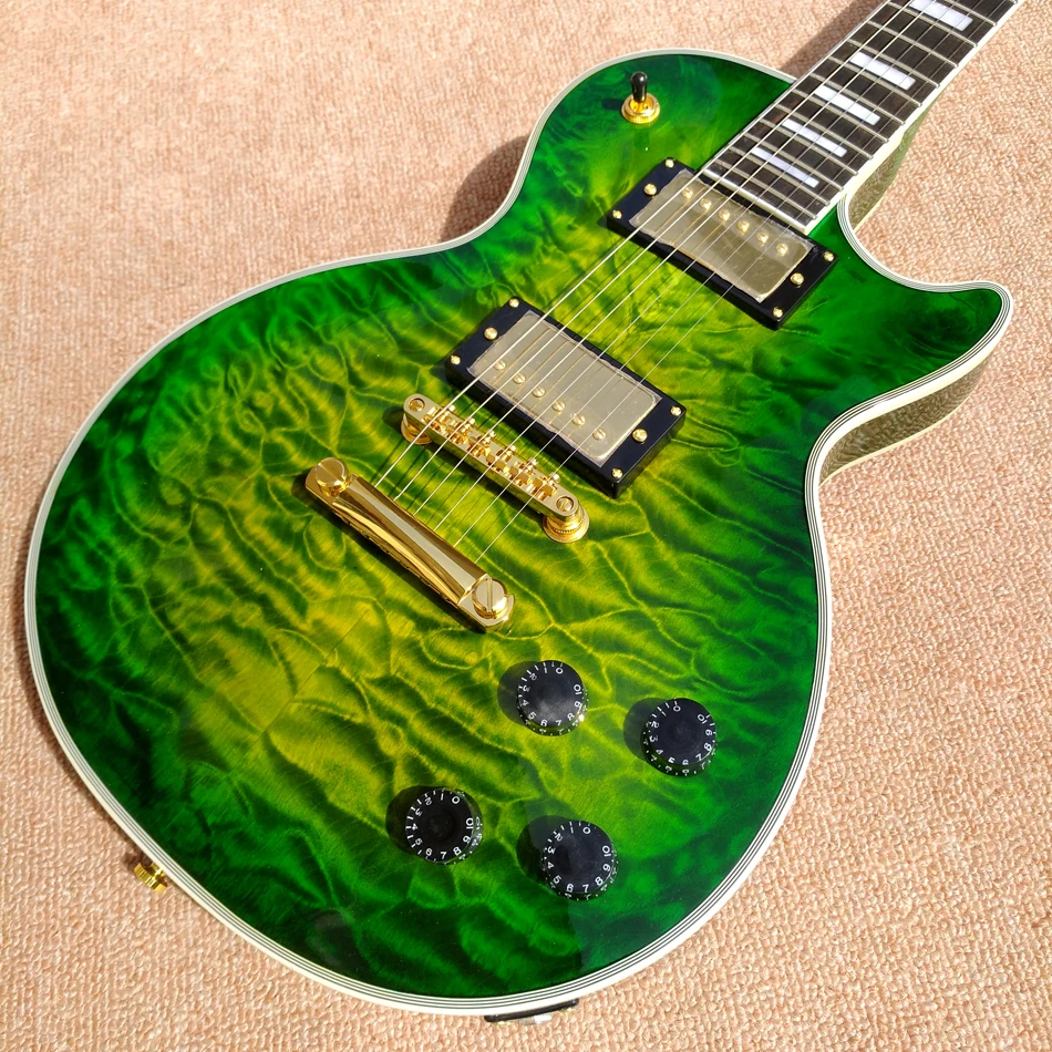 

Custom LP Electric Guitar, Rosewood Fingerboard, Green Burst Color, Quilte Maple Top, Gold Hardware, Free Shipping