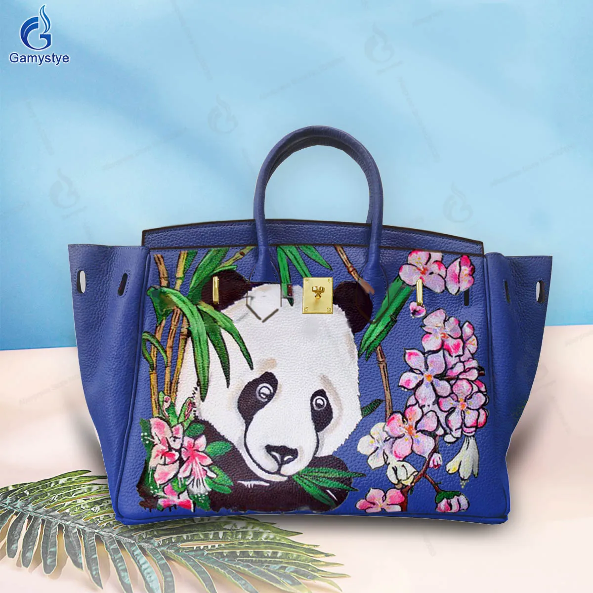 

Real Leather Female Tote Bag Designers Luxury Handbags Soft Cow Genuine Leather Women's Trending Art Hand Painted Panda flowers