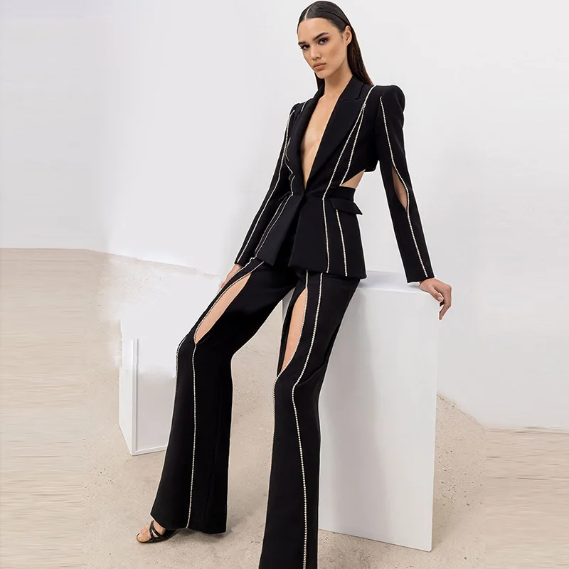 

Plus Size Sexy Blazer Suit Runway Black Women Autumn Summer Diamonds Beading Hollow Out Slim Blazer Flare Pant Two Pieces Set