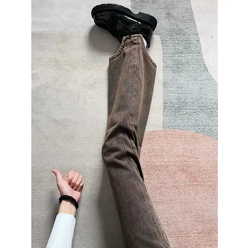 Curved High Street Hot Girl High Waist Straight Wide Leg Jeans Women BF Design Sense Brown Loose Mop Pants Women's Fashion