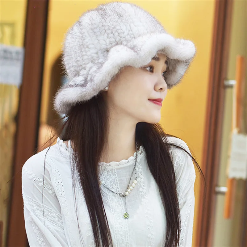 2023 New Fur Hat Winter Warm Knitted Mink Cap Women's Ear Cap Fisherman Warm Ear Cap Floral Basin Cap