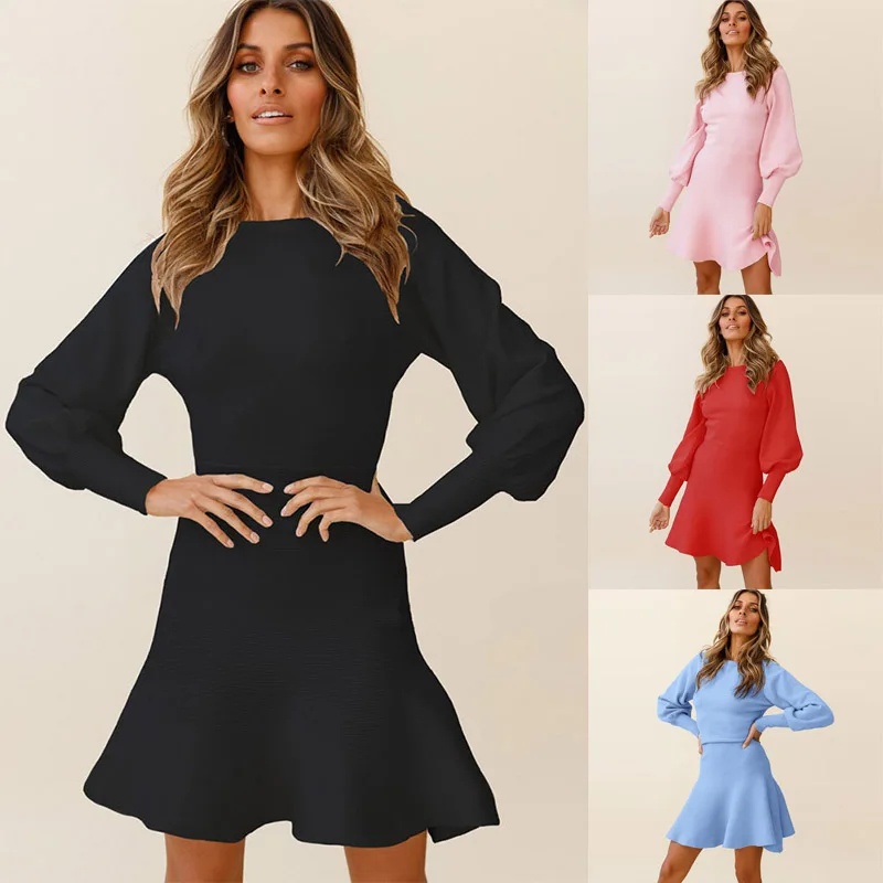 

Autumn Winter New Women's Sweater Dress Elegant O-Neck Bishop Sleeve Mini Skirt Office Lady A-Line Jersey Dress for Women