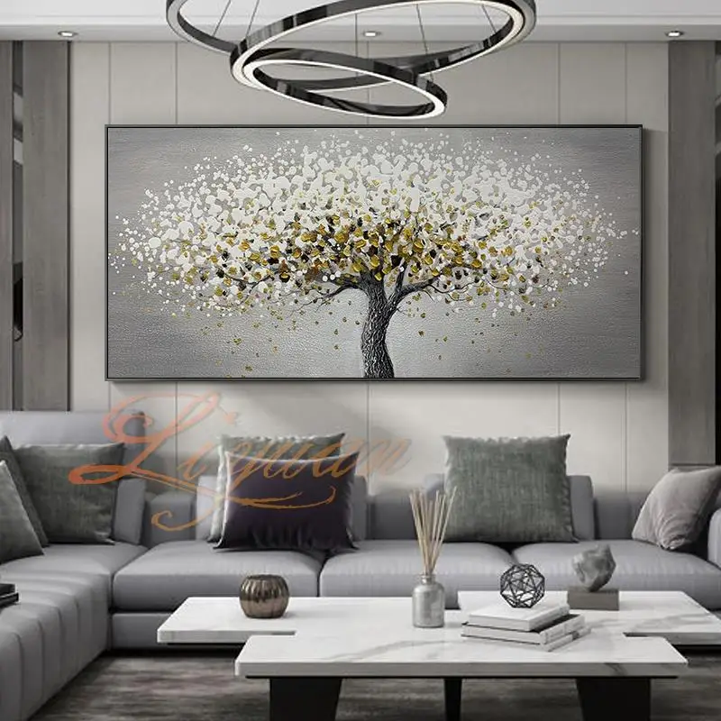 

Скандинавская Современная картина маслом для гостиной ручной работы дерево цветок диван фон для стены спальни украшение для дома черно-белый плакат
