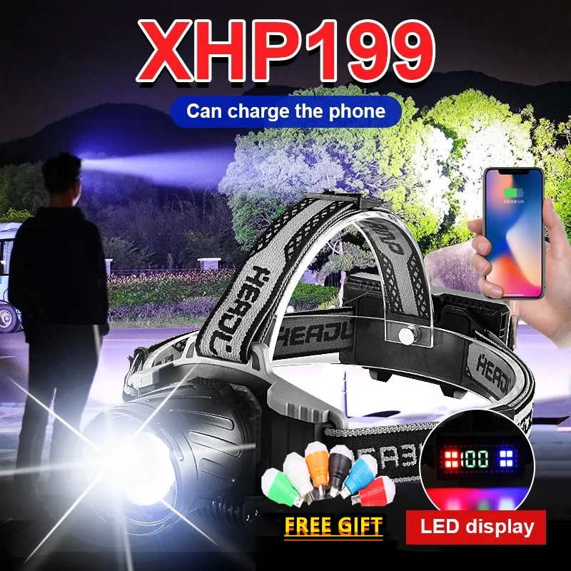 NEW XHP199 Most Powerful LED Headlamp Headlight 18650 USB Head Flashlight Rechargeable Head Lamp XHP160 Waterproof Fishing Light
